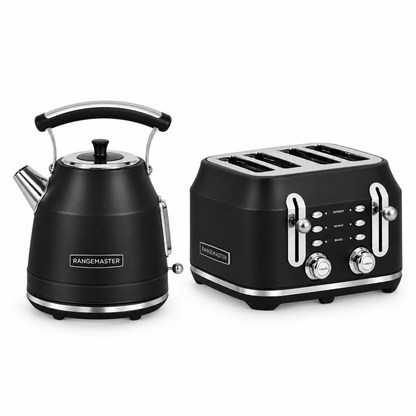 Rangemaster Traditional Kettle & 4 Slice Toaster Kitchen Set (Matt Black)