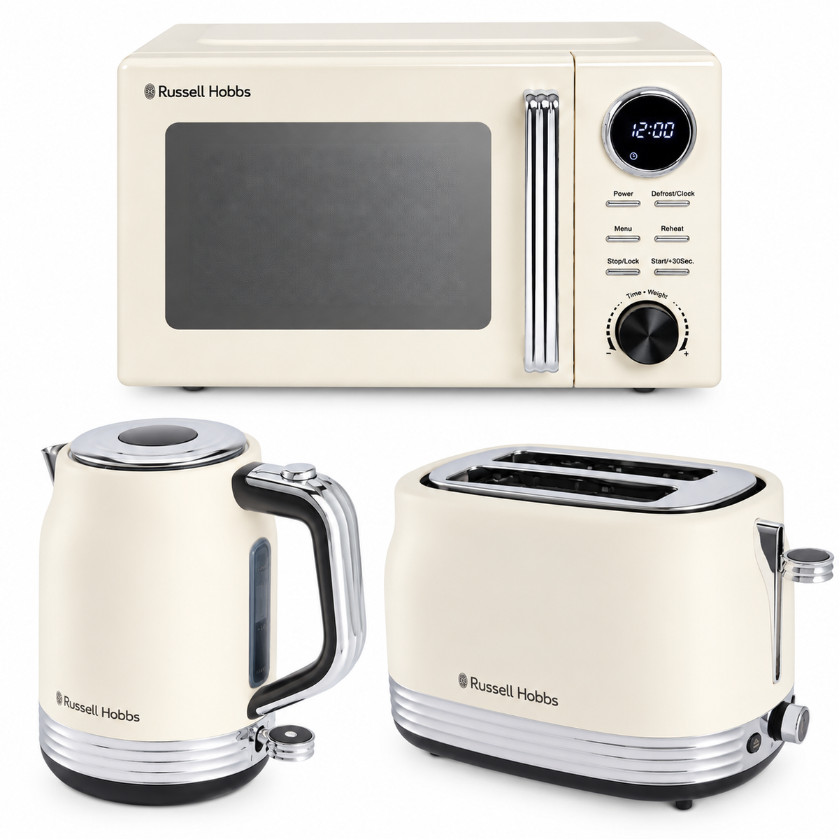 Russell Hobbs Hanley Kettle, 2 Slice Toaster & Digital Microwave Kitchen Set (Jasmine)