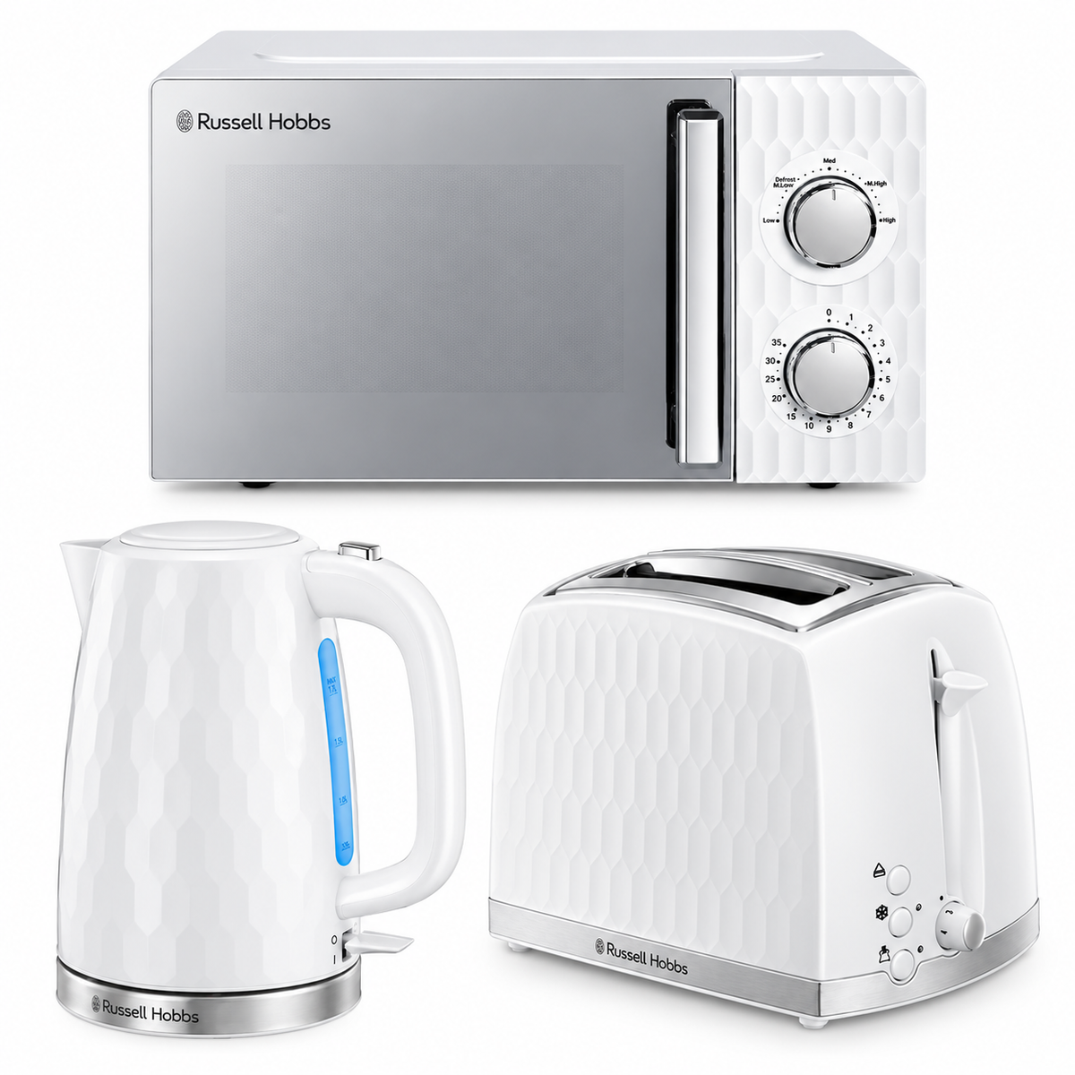 Russell Hobbs Honeycomb Kettle, 2 Slice Toaster & Manual Microwave Kitchen Set (White)
