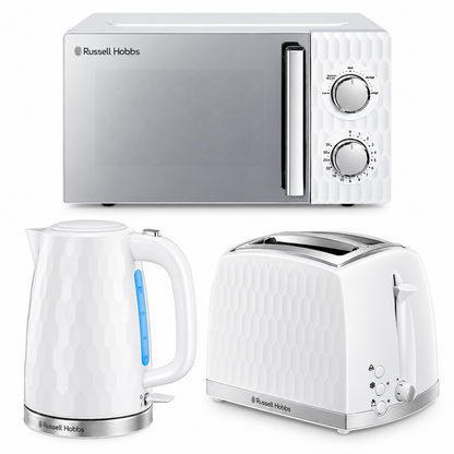 Russell Hobbs Honeycomb Kettle, 2 Slice Toaster & Manual Microwave Kitchen Set (White)