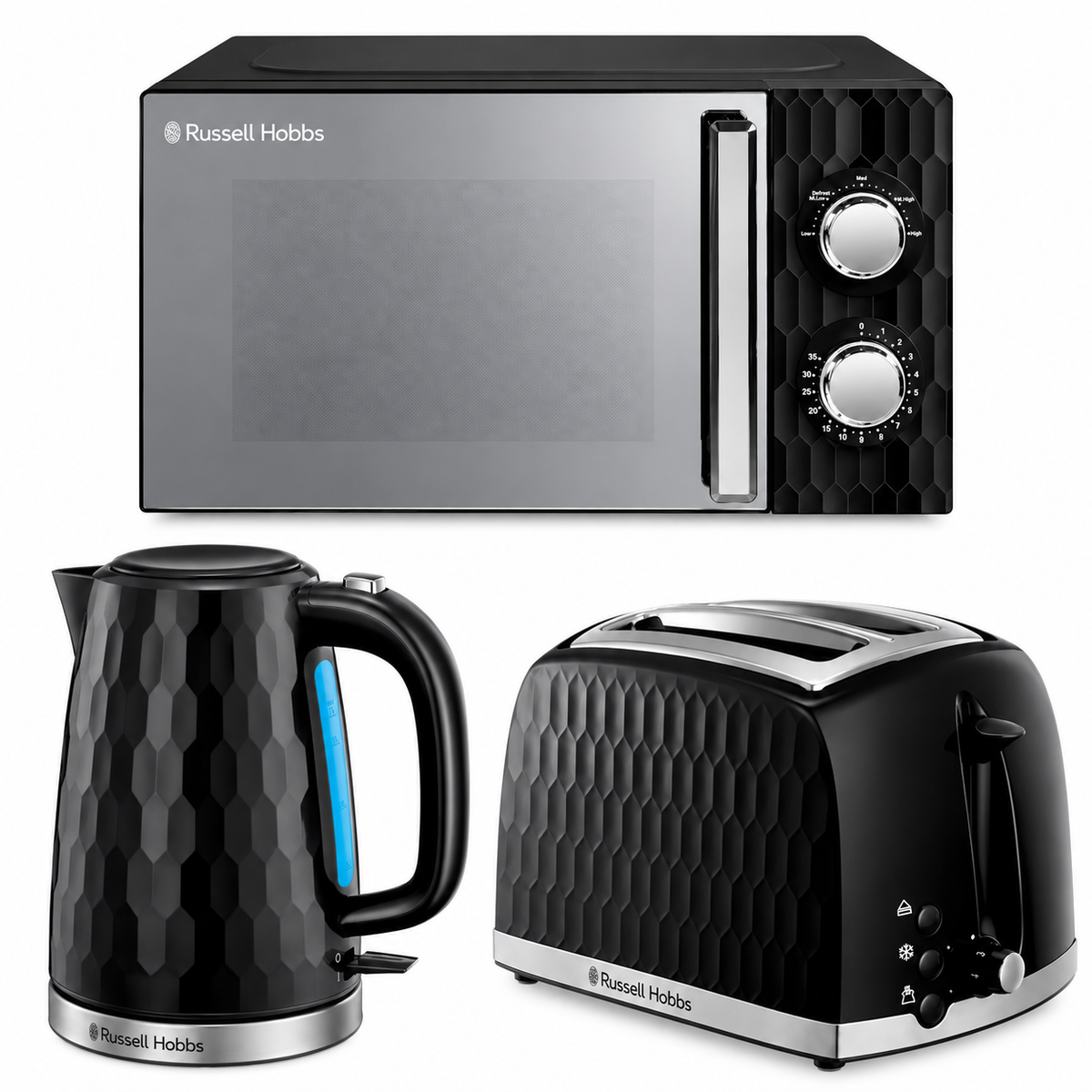 Russell Hobbs Honeycomb Kettle, 2 Slice Toaster & Manual Microwave Kitchen Set (Black)