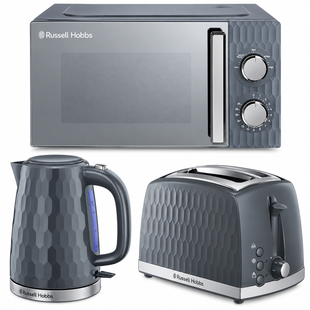 Russell Hobbs Honeycomb Kettle, 2 Slice Toaster & Manual Microwave Kitchen Set (Grey)