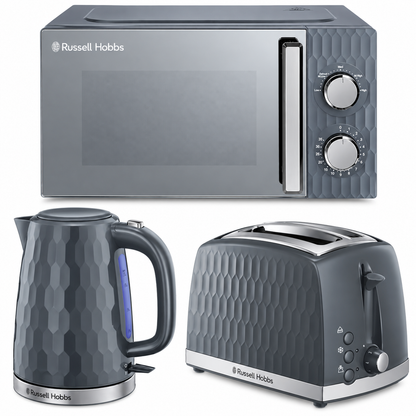 Russell Hobbs Honeycomb Kettle, 2 Slice Toaster & Manual Microwave Kitchen Set (Grey)