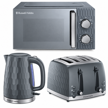 Russell Hobbs Honeycomb Kettle, 4 Slice Toaster & Manual Microwave Kitchen Set (Grey)