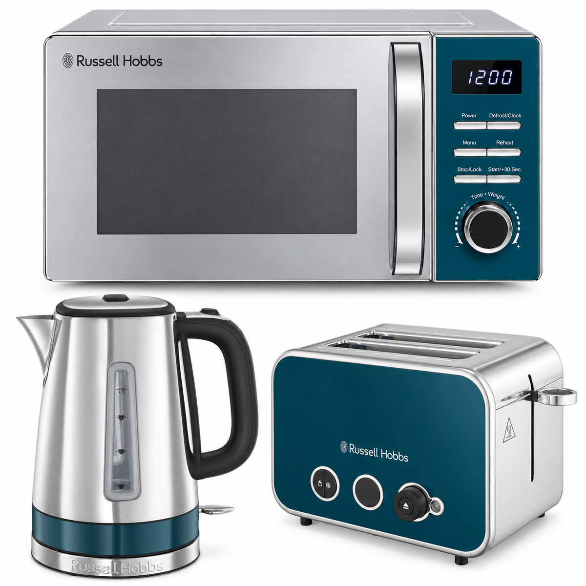 Russell Hobbs Distinctions Jug Kettle, 2 Slice Toaster & Microwave Kitchen Set (Ocean Blue)