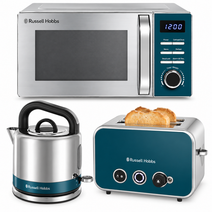Russell Hobbs Distinctions Pyramid Kettle, 2 Slice Toaster & Microwave Kitchen Set (Ocean Blue)