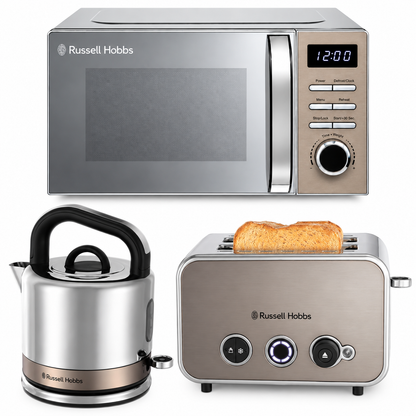 Russell Hobbs Distinctions Pyramid Kettle, 2 Slice Toaster & Microwave Kitchen Set (Titanium)