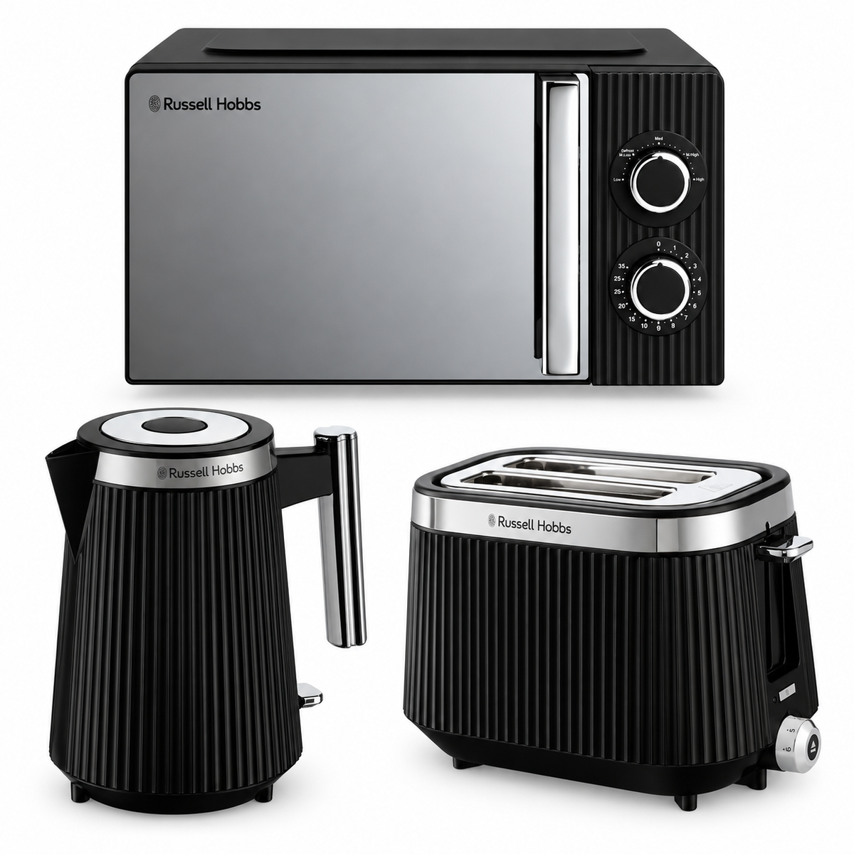 Russell Hobbs Bronte Kettle, 2 Slice Toaster & Manual Microwave Kitchen Set (Black)