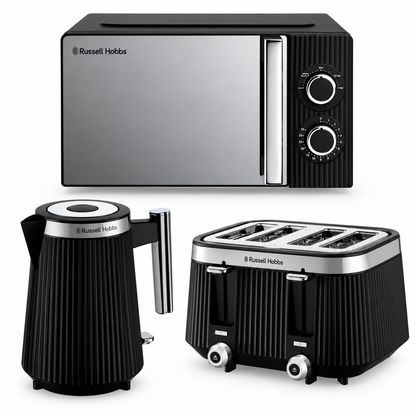 Russell Hobbs Bronte Kettle, 4 Slice Toaster & Manual Microwave Kitchen Set (Black)