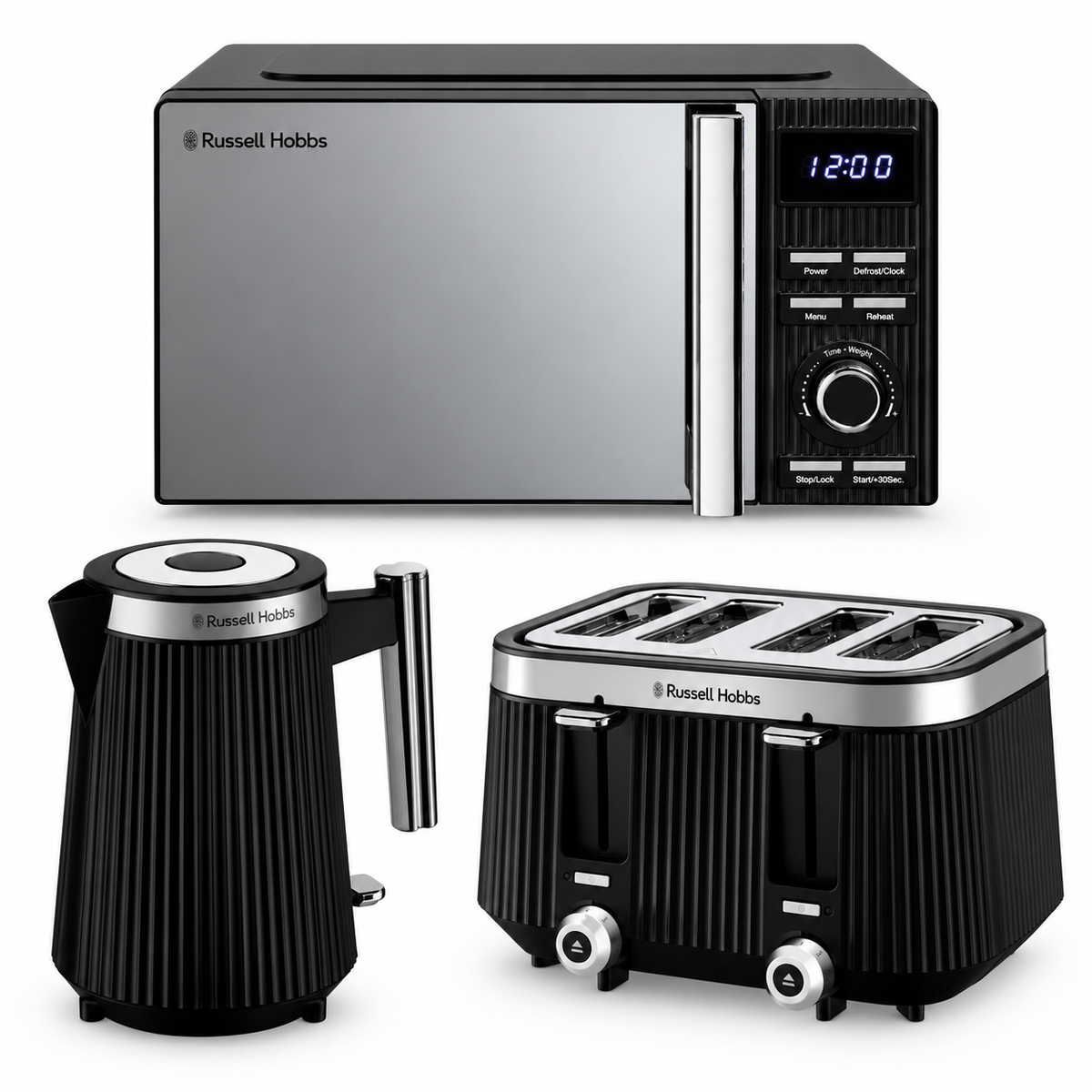 Russell Hobbs Bronte Kettle, 4 Slice Toaster & Digital Microwave Kitchen Set (Black)