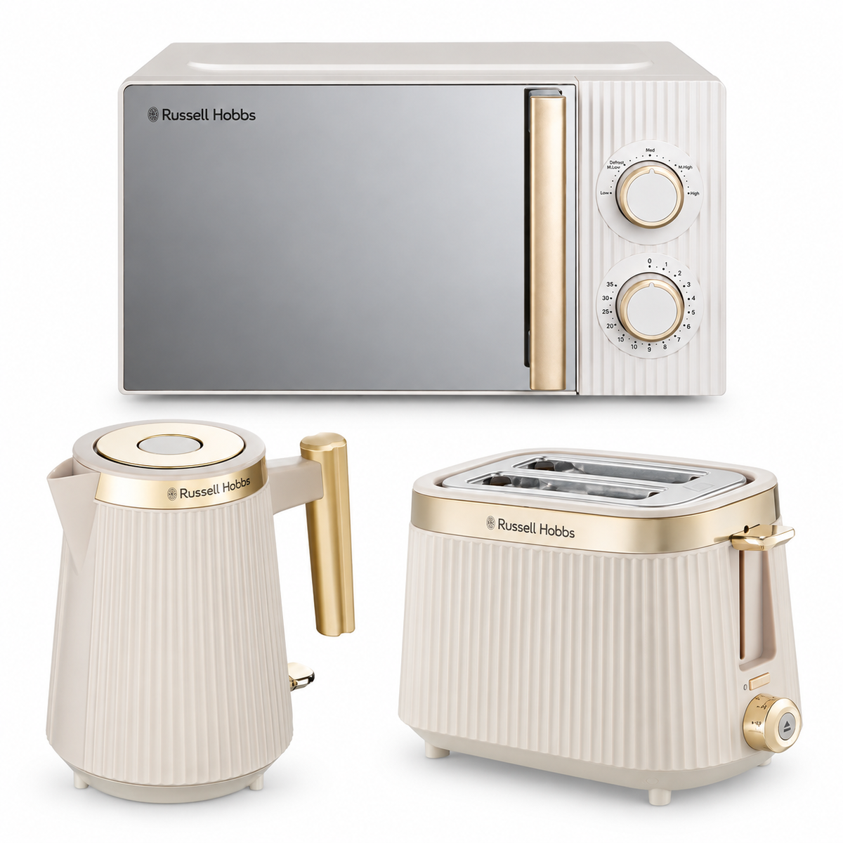 Russell Hobbs Bronte Kettle, 2 Slice Toaster & Manual Microwave Kitchen Set (Stone)