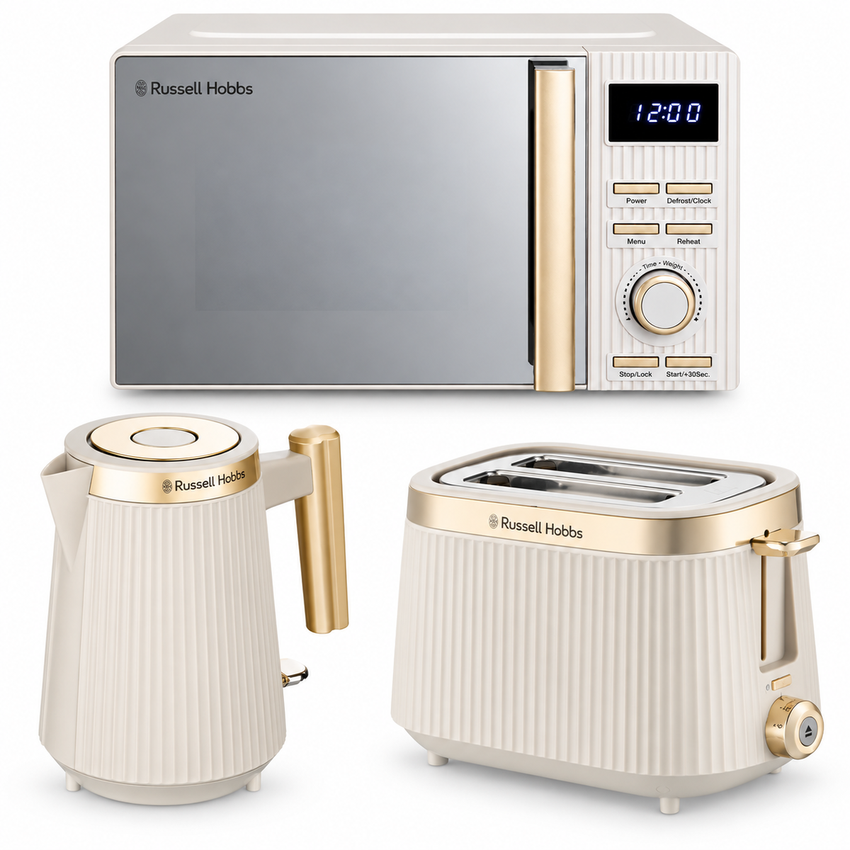 Russell Hobbs Bronte Kettle, 2 Slice Toaster & Digital Microwave Kitchen Set (Stone)