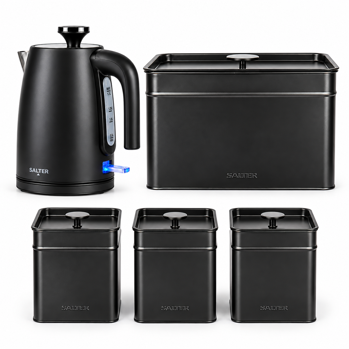 Salter Kuro Kettle, Bread Bin & Canisters Matching Kitchen Set (Matte Black)