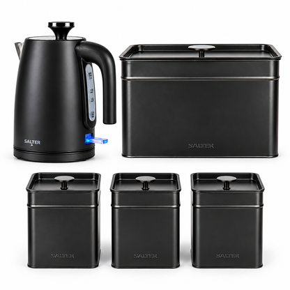 Salter Kuro Kettle, Bread Bin & Canisters Matching Kitchen Set (Matte Black)