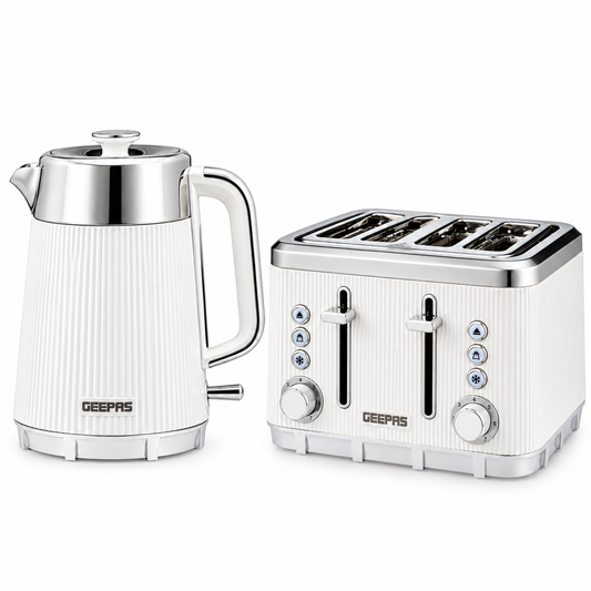 GEEPAS Arcus Kettle & 4 Slice Toaster Kitchen Set (White)