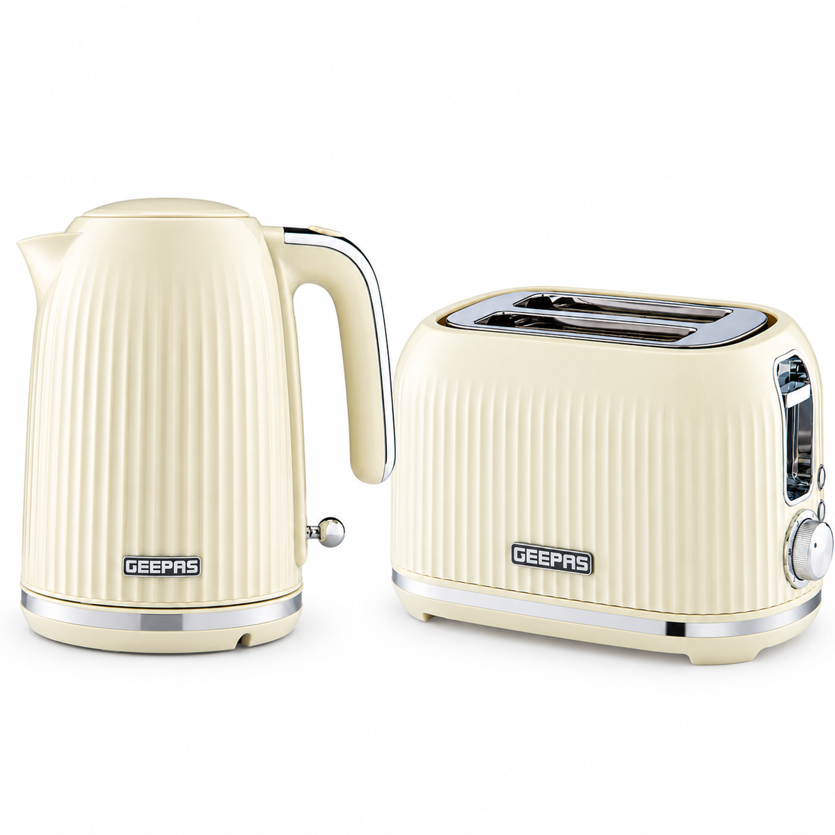 GEEPAS Fluted Kettle & 2 Slice Toaster Kitchen Set (Cream)