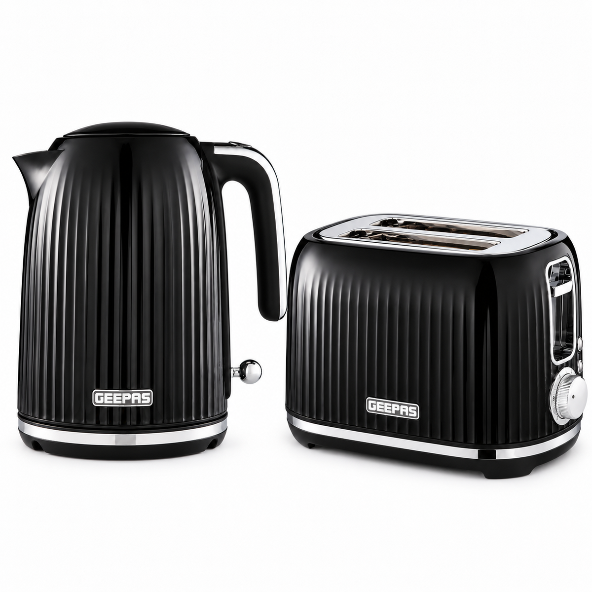 GEEPAS Fluted Kettle & 2 Slice Toaster Kitchen Set (Black)
