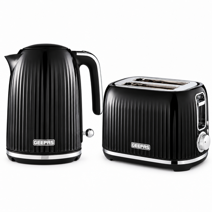 GEEPAS Fluted Kettle & 2 Slice Toaster Kitchen Set (Black)