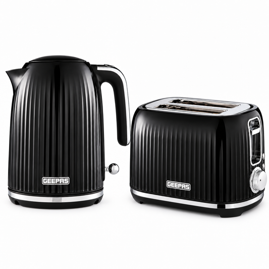 GEEPAS Fluted Kettle & 2 Slice Toaster Kitchen Set (Black)