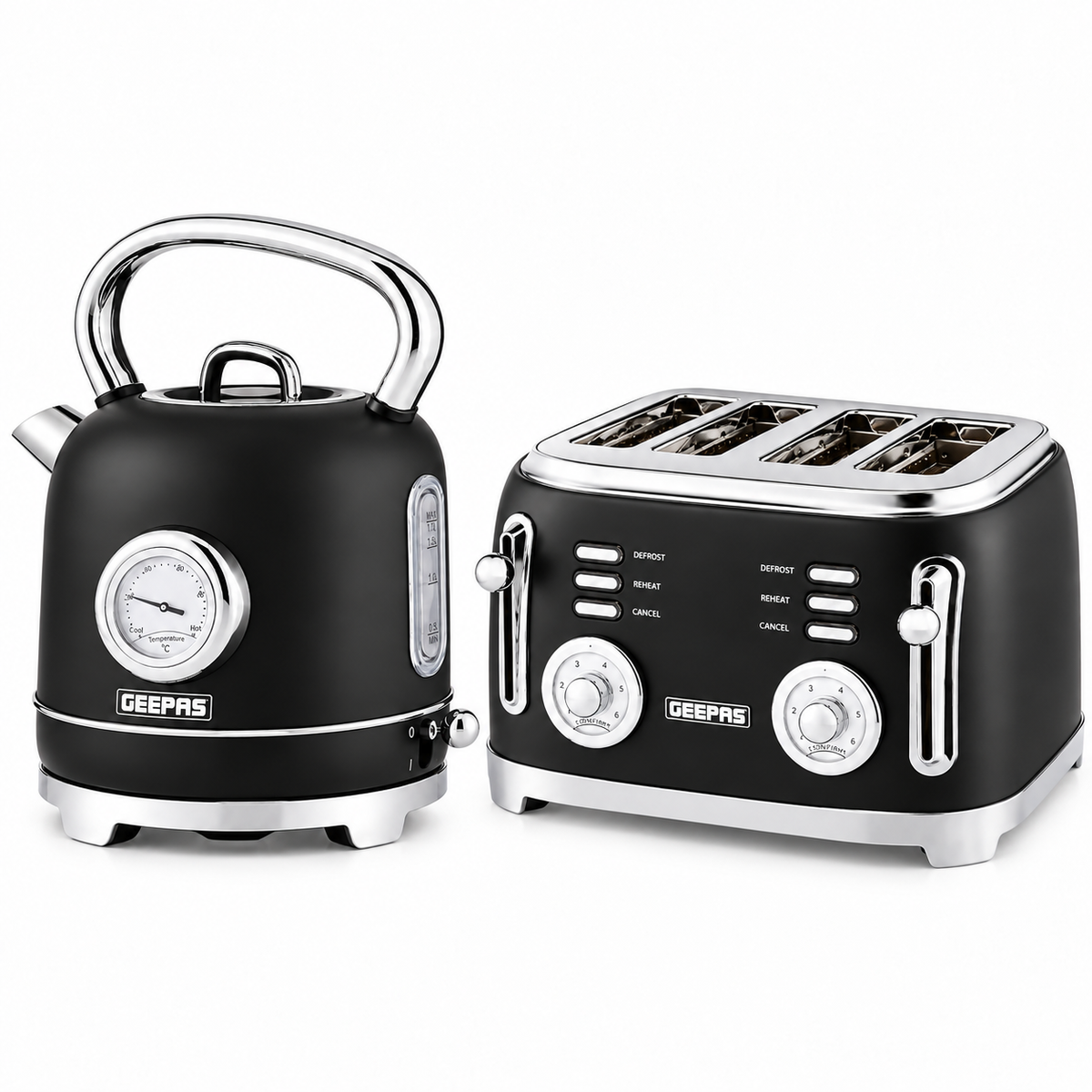 GEEPAS Retrovive Kettle & 4 Slice Toaster Kitchen Set (Black)