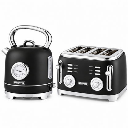 GEEPAS Retrovive Kettle & 4 Slice Toaster Kitchen Set (Black)