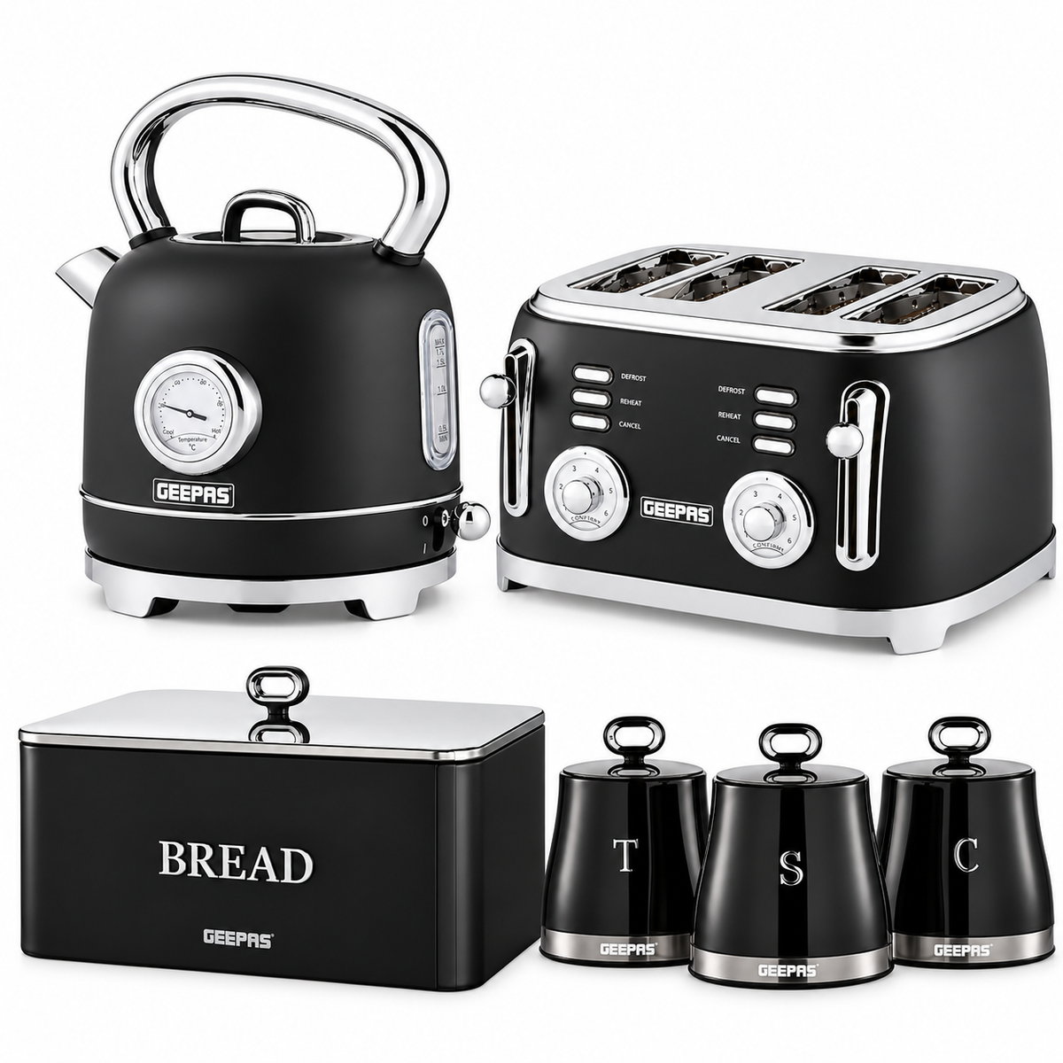 GEEPAS Retrovive Kettle, 4 Slice Toaster, Bread Bin & Canisters Kitchen Set (Black)