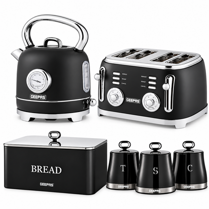 GEEPAS Retrovive Kettle, 4 Slice Toaster, Bread Bin & Canisters Kitchen Set (Black)