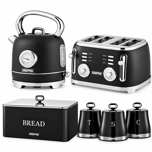 GEEPAS Retrovive Kettle, 4 Slice Toaster, Bread Bin & Canisters Kitchen Set (Black)