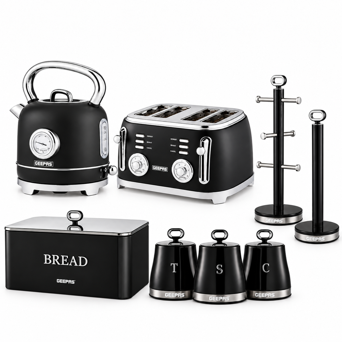 GEEPAS Retrovive Kettle, 4 Slice Toaster, Bread Bin, Canisters, Mug Tree & Towel Pole Set (Black)