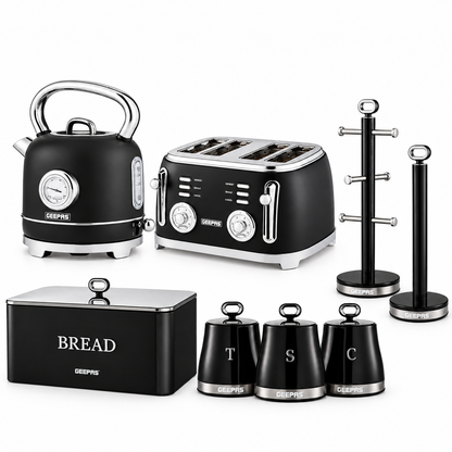 GEEPAS Retrovive Kettle, 4 Slice Toaster, Bread Bin, Canisters, Mug Tree & Towel Pole Set (Black)