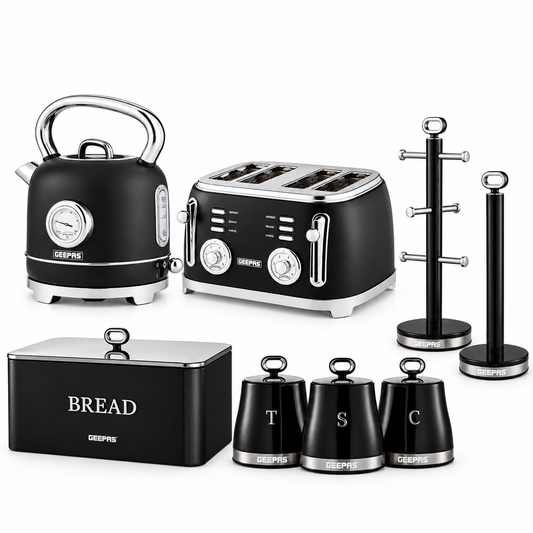 GEEPAS Retrovive Kettle, 4 Slice Toaster, Bread Bin, Canisters, Mug Tree & Towel Pole Set (Black)