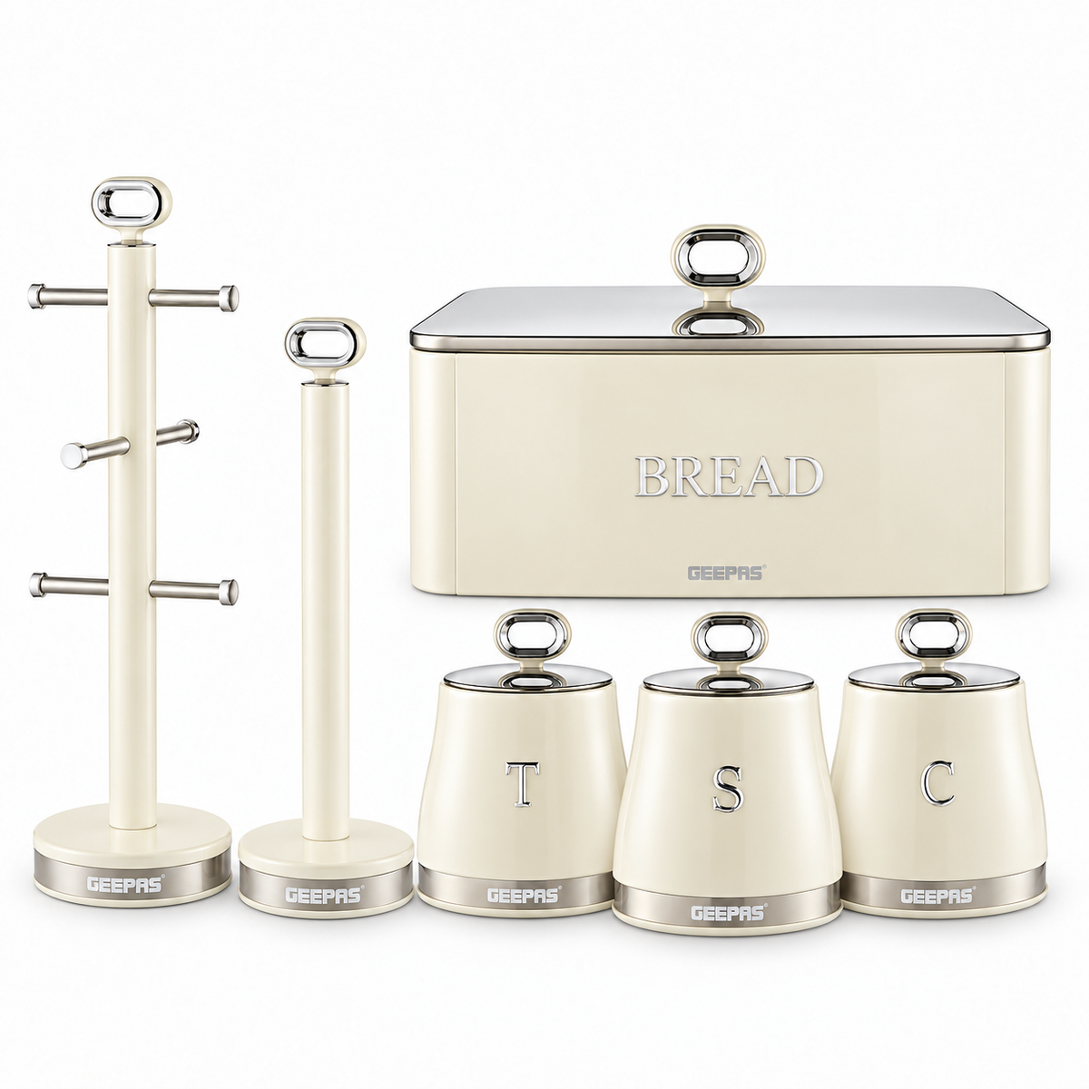 GEEPAS Retrovive Bread Bin, Canisters, Mug Tree & Towel Pole Set (Cream)