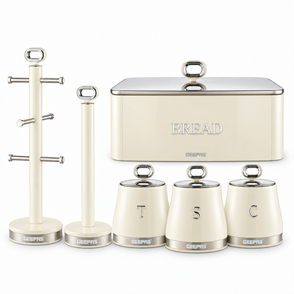 GEEPAS Retrovive Bread Bin, Canisters, Mug Tree & Towel Pole Set (Cream)