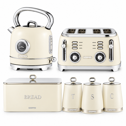 GEEPAS Retrovive Kettle, 4 Slice Toaster, Bread Bin & Canisters Kitchen Set (Cream)