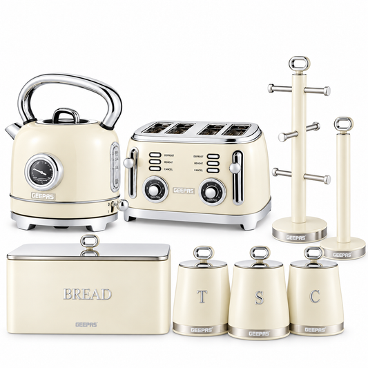 GEEPAS Retrovive Kettle, 4 Slice Toaster, Bread Bin, Canisters, Mug Tree & Towel Pole Set (Cream)