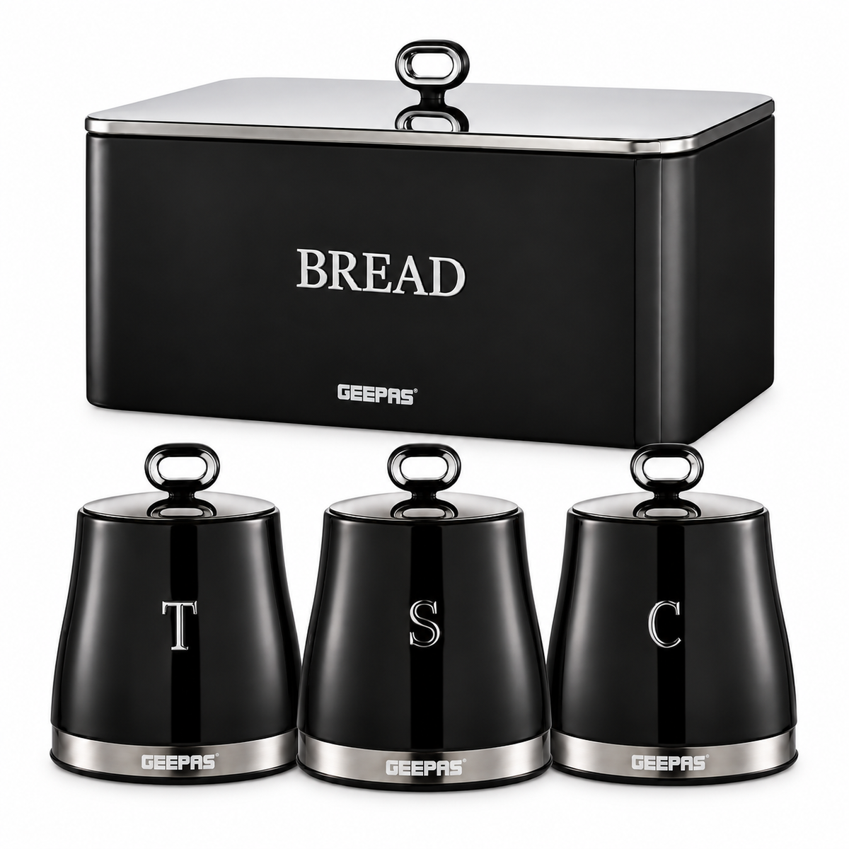 GEEPAS Retrovive Bread Bin & Canisters Kitchen Set (Black)