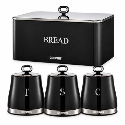 GEEPAS Retrovive Bread Bin & Canisters Kitchen Set (Black)
