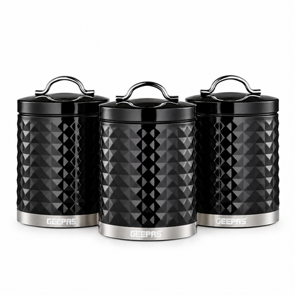 GEEPAS Argyle Tea, Coffee & Sugar Canisters Set GCS63085UK-BK (Black)