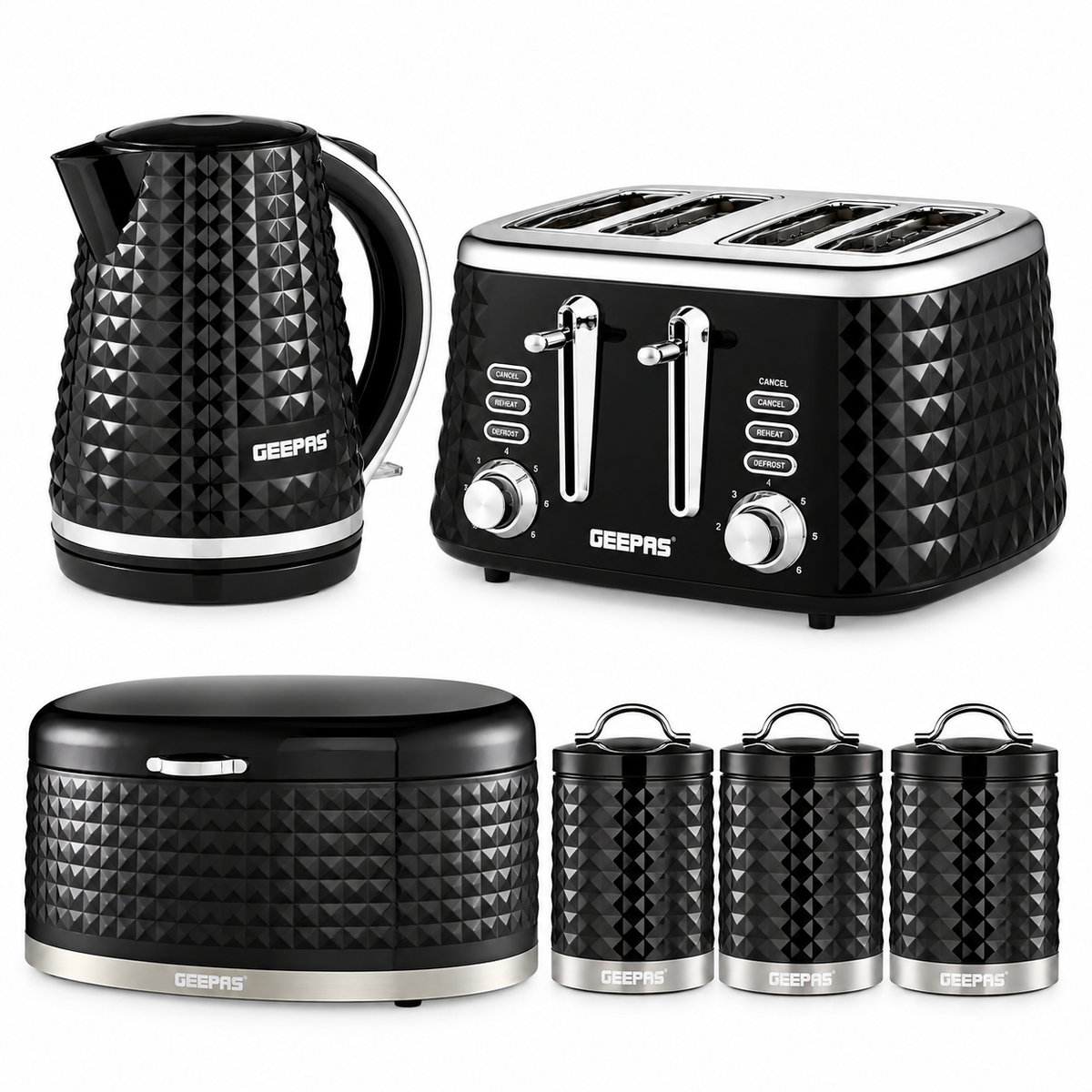 Geepas GEEPAS Argyle Kettle, 4 Slice Toaster, Bread Bin & Canisters Kitchen Set (Black)