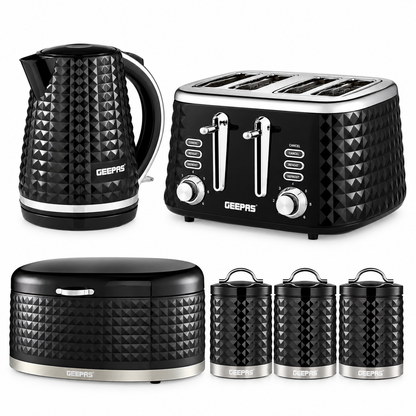 Geepas GEEPAS Argyle Kettle, 4 Slice Toaster, Bread Bin & Canisters Kitchen Set (Black)
