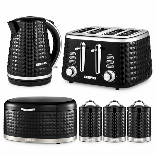 Geepas GEEPAS Argyle Kettle, 4 Slice Toaster, Bread Bin & Canisters Kitchen Set (Black)