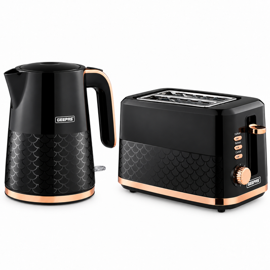 Geepas GEEPAS Aurora Kettle & 2 Slice Toaster Kitchen Set (Black & Rose Gold)