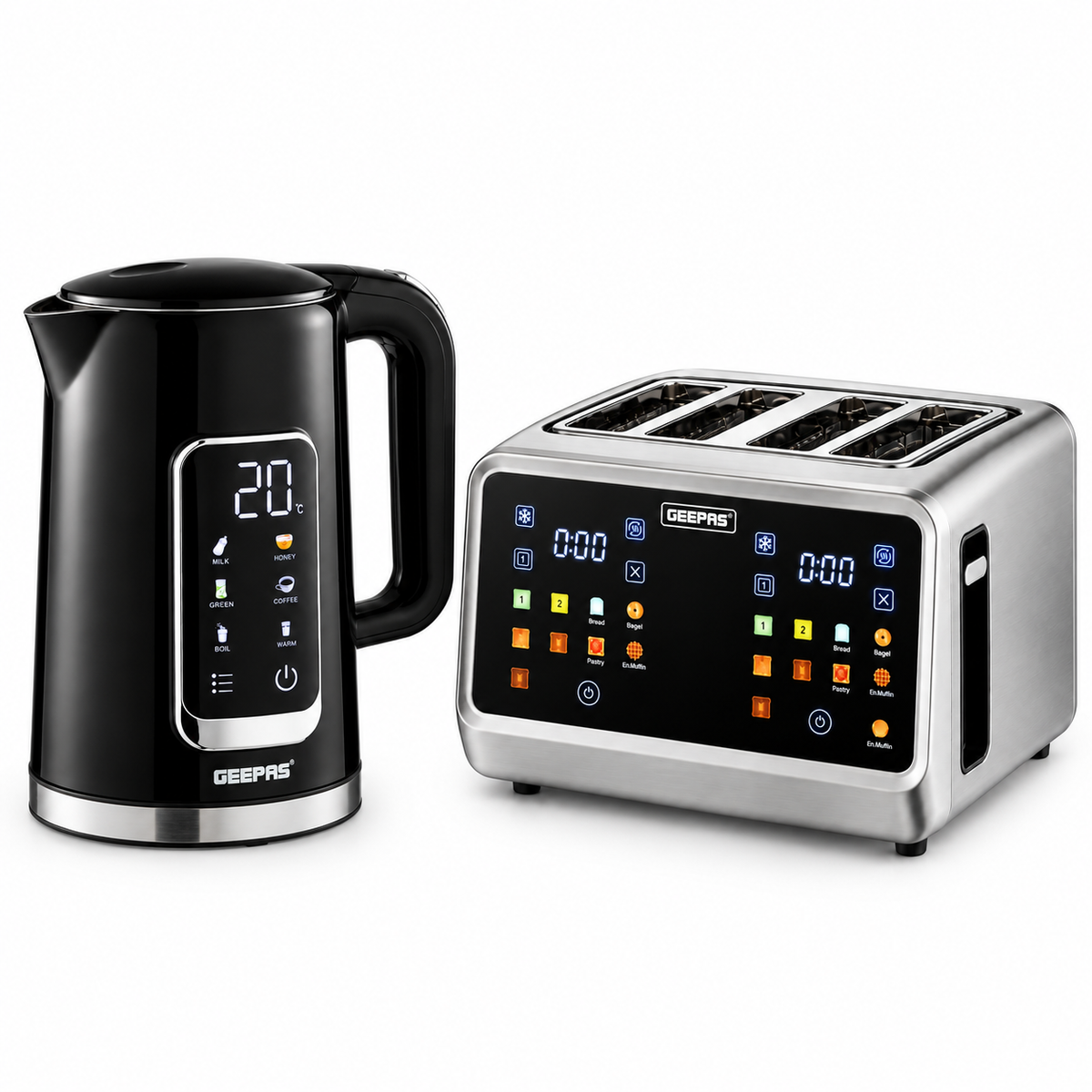 GEEPAS Digital Kettle & 5-in-1 Digital 4 Slice Extra-Wide Toaster GBT36569UK (Black/Silver)