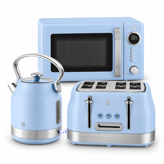 Swan Retro Pyramid Kettle, 4 Slice Toaster & Microwave Kitchen Set (Blue)