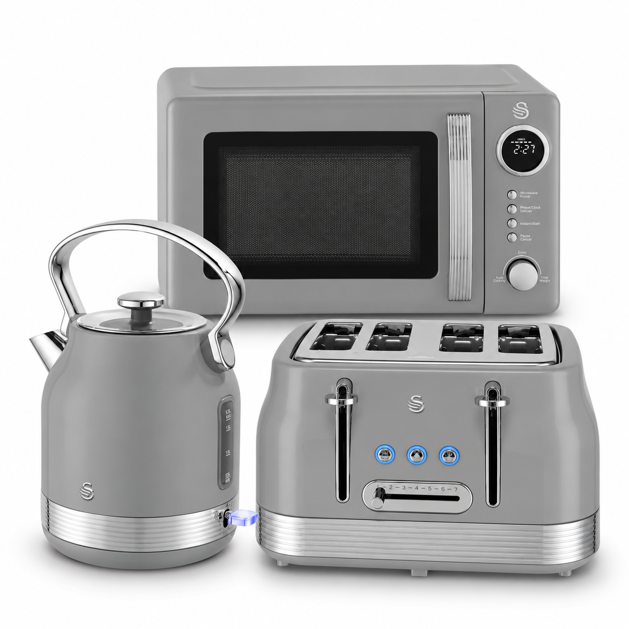 Swan Retro Pyramid Kettle, 4 Slice Toaster & Microwave Kitchen Set (Grey)