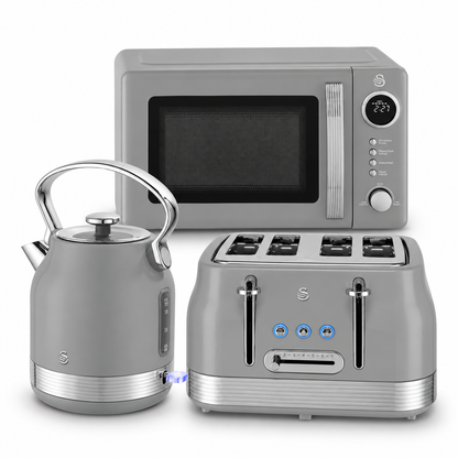 Swan Retro Pyramid Kettle, 4 Slice Toaster & Microwave Kitchen Set (Grey)