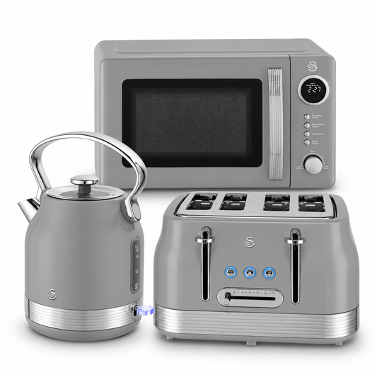 Swan Retro Pyramid Kettle, 4 Slice Toaster & Microwave Kitchen Set (Grey)