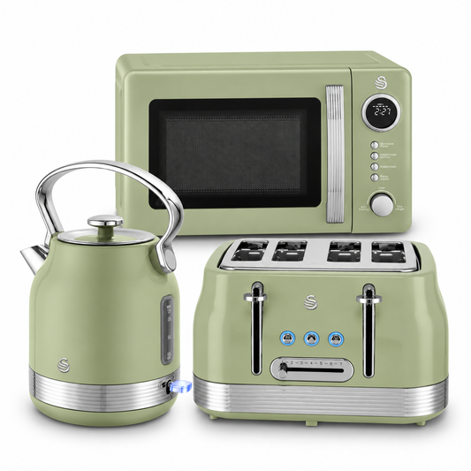 Swan Retro Pyramid Kettle, 4 Slice Toaster & Microwave Kitchen Set (Green)