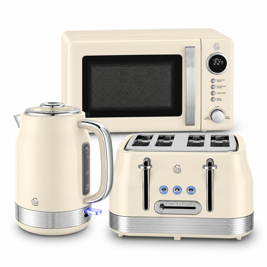 Swan Retro Jug Kettle, 4 Slice Toaster & Microwave Kitchen Set (Chantilly Cream)