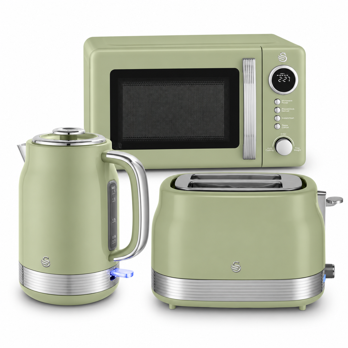 Swan Retro Jug Kettle, 4 Slice Toaster & Microwave Kitchen Set (Green)